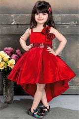 Red Tail Back Frock With Sequins Work And Bow Embellished For Girls