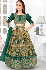 Rama Green Printed And Sequin Work Lehenga Choli For Girls