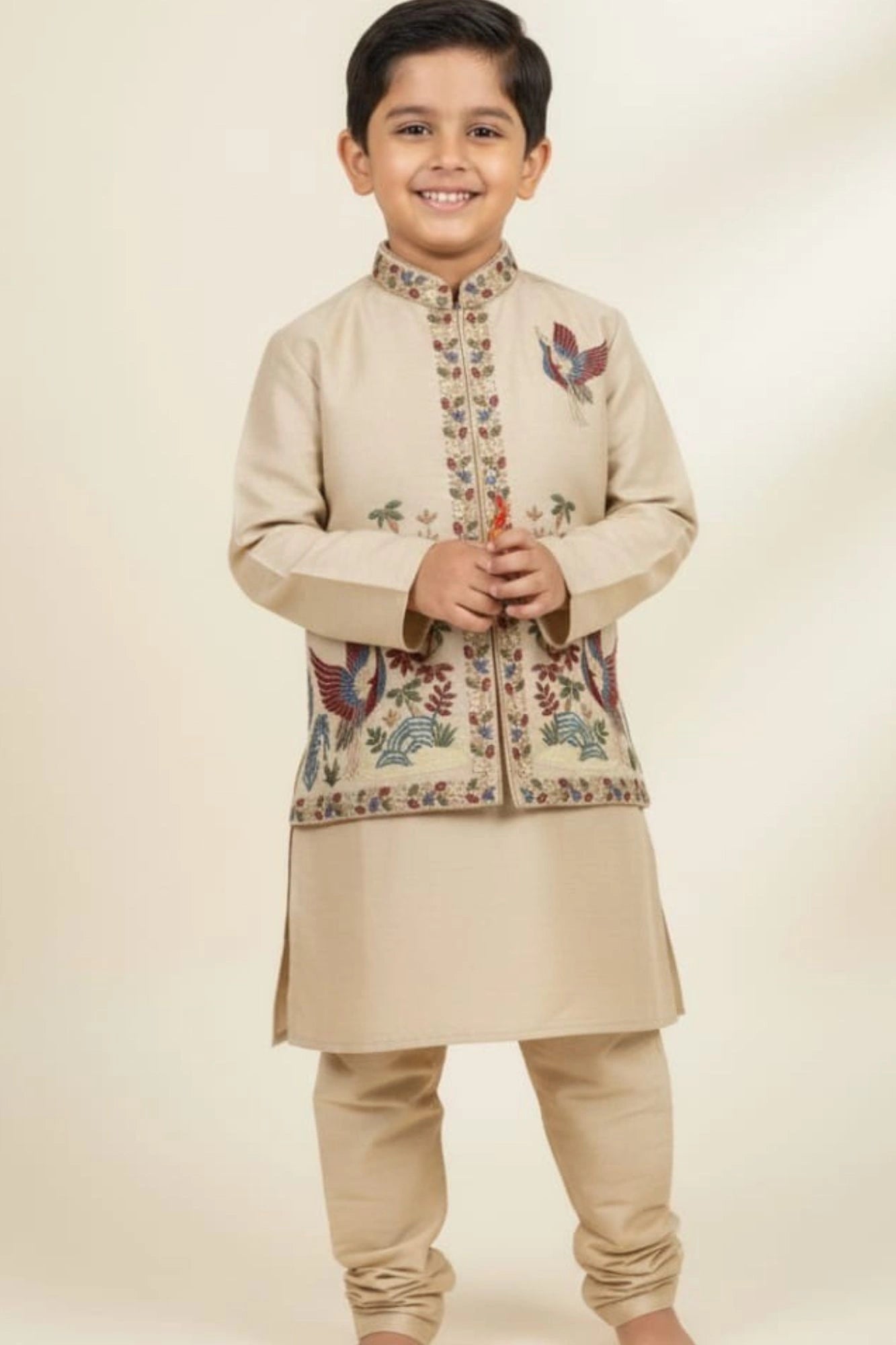 Beige Multicolor Embroidered Kurta Set For Boys