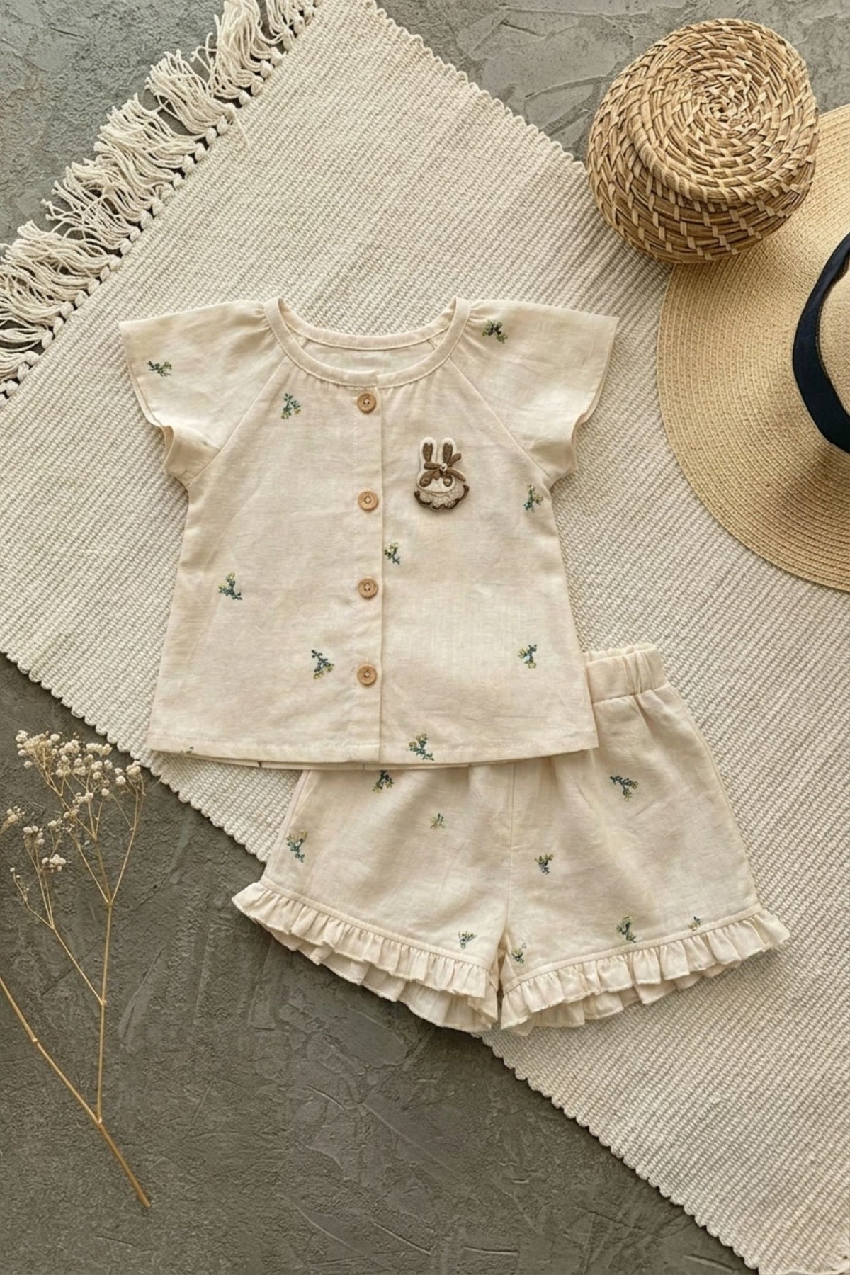 Adorable Girls Ivory Floral Print Top & Shorts Set with Ruffle Details