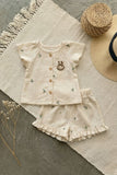 Adorable Girls Ivory Floral Print Top & Shorts Set with Ruffle Details