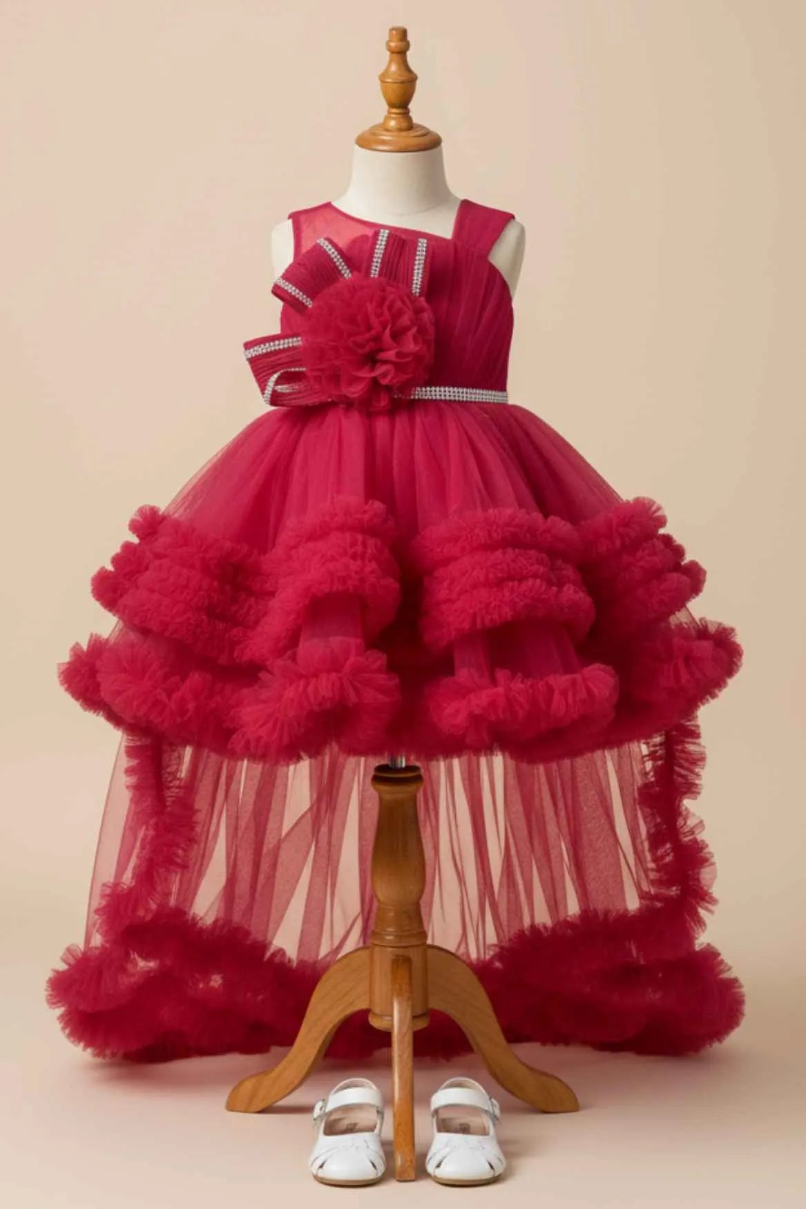 Pink Party Frock with Ruffled Layers and Statement Bow and Tailback For Girls
