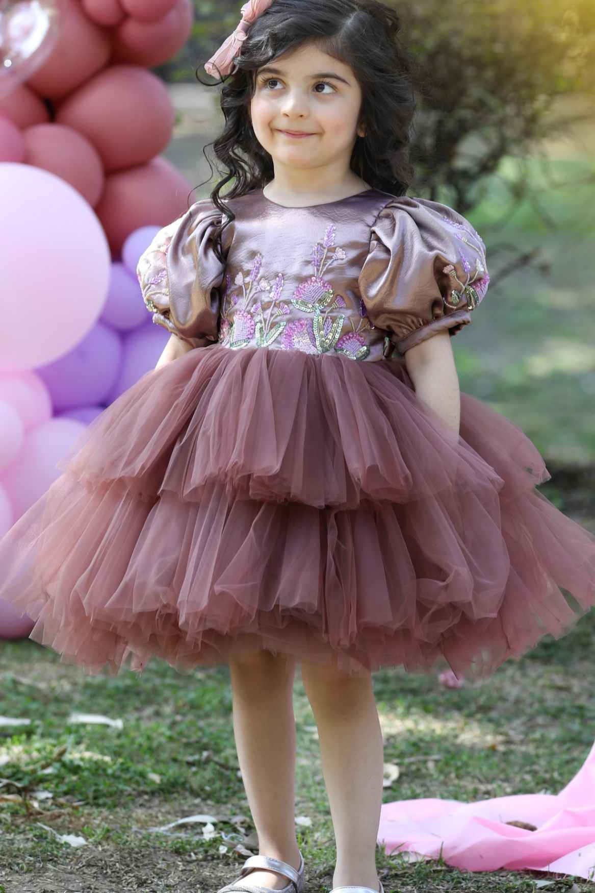 Brown Sequins Work Layered Party Wear Frock For Girls