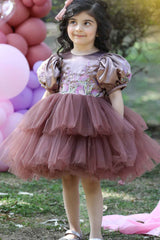 Brown Sequins Work Layered Party Wear Frock For Girls