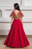 Girls Red And Gold Embroidered Cape Lehenga Choli