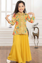 Mustard Printed Sequin And Embroidered Palazzo Set For Girls