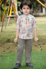 Beige Printed Shirt And Pant Set For Boys