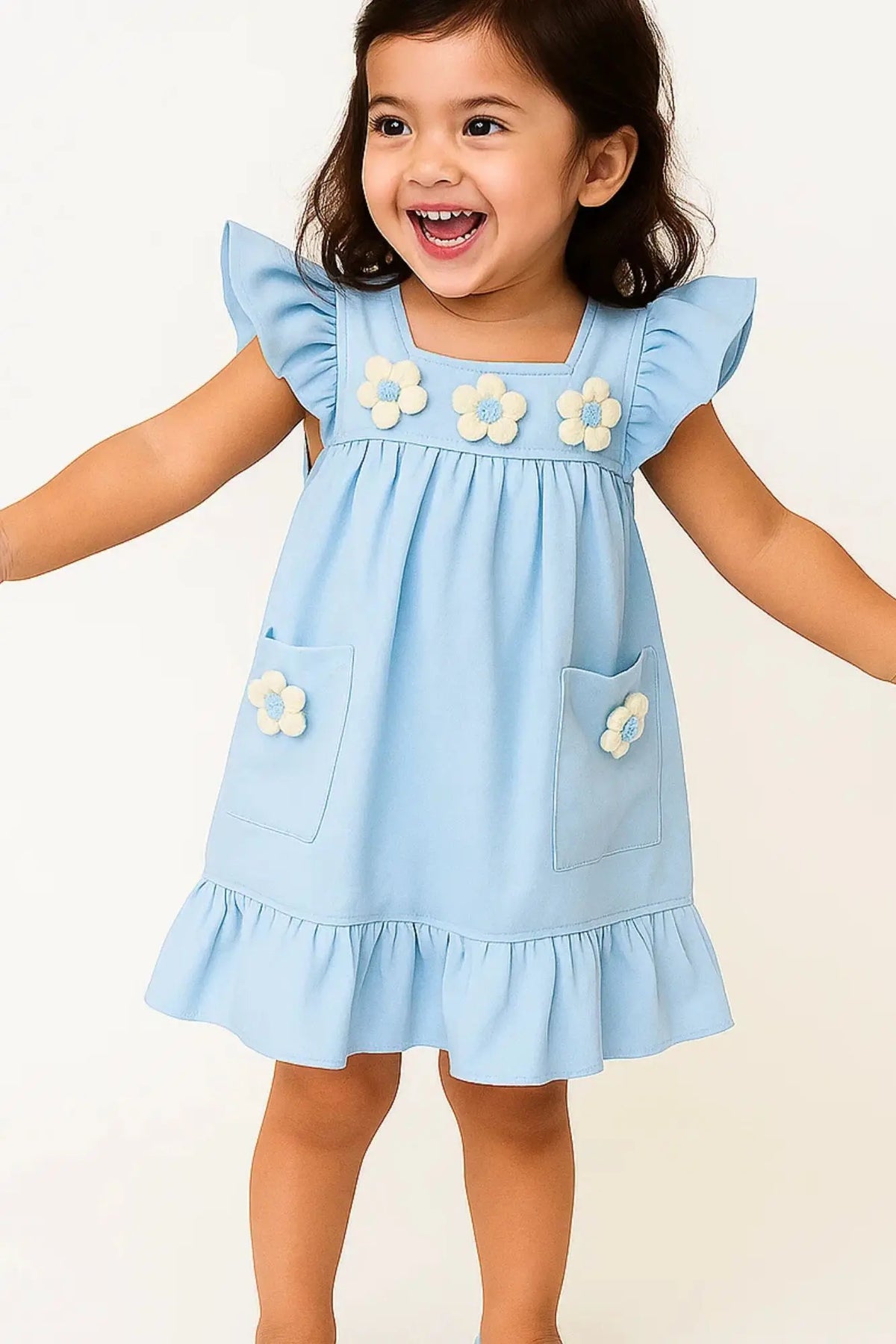 Sky Blue Cotton Dress with 3D Flower Appliqué For Girls