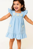 Sky Blue Cotton Dress with 3D Flower Appliqué For Girls