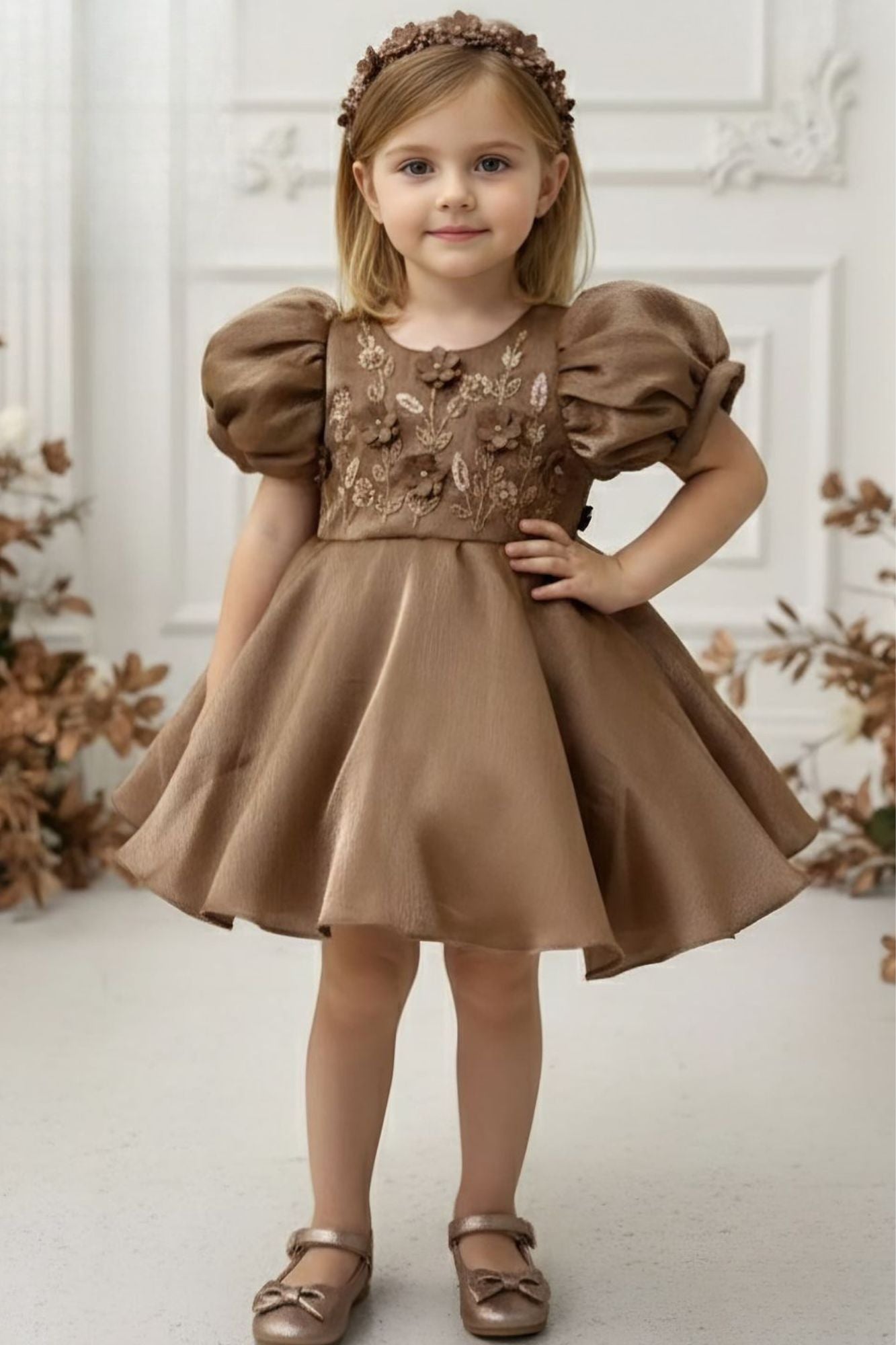 Brown Embroidered Puff Sleeve Party Frock For Girls
