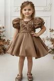 Brown Embroidered Puff Sleeve Party Frock For Girls