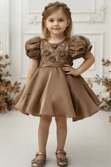 Brown Embroidered Puff Sleeve Party Frock For Girls