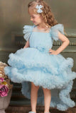 Ruffle Blue Multi-Layered Party Wear Frock With Flower Embellishment For Girls