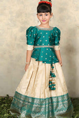 Green And Cream Banarasi Silk Pattu Lehenga Choli Set For Girls