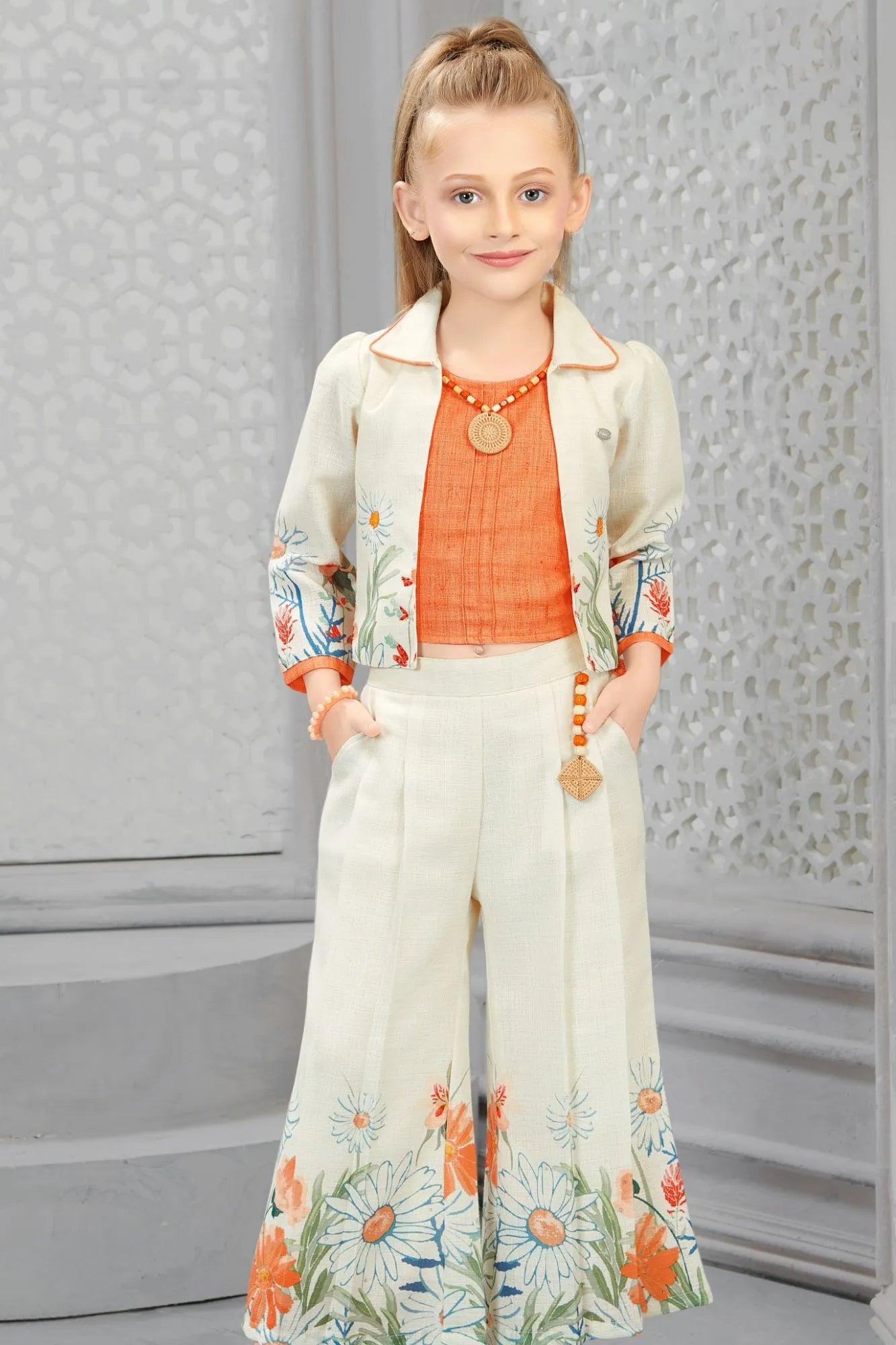 Sunshine Blossom Ivory & Orange Floral Set For Girls