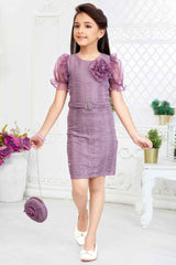 Mauve Dress With Floral Embellished And Sling Bag For Girls