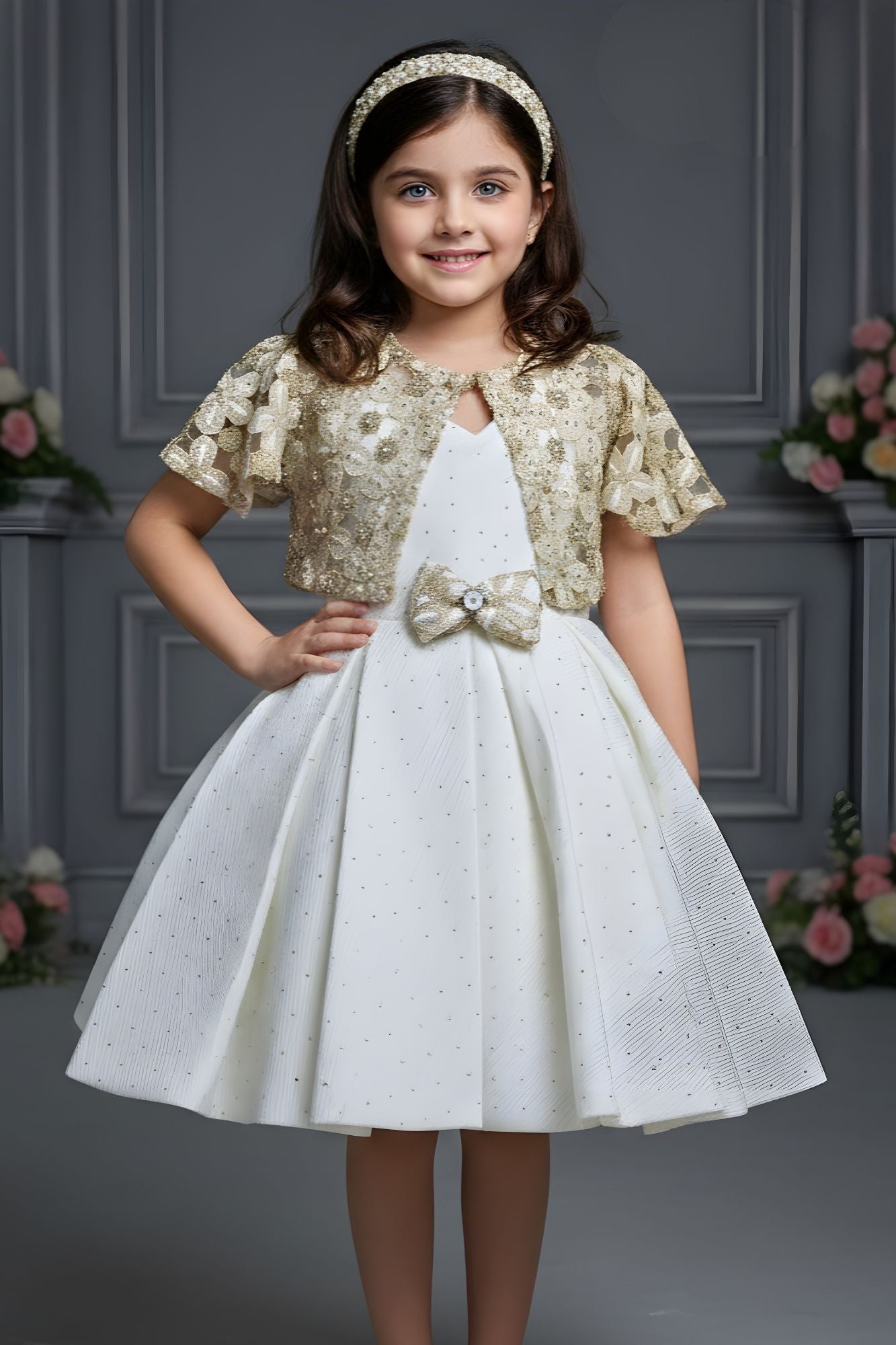 Ivory Party Frock with Gold Embellished Shrug And Bow Waist Accent For Girls