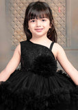 Shimmer Black Tailback Party Wear Frock With Flower Embellishment  For Girls