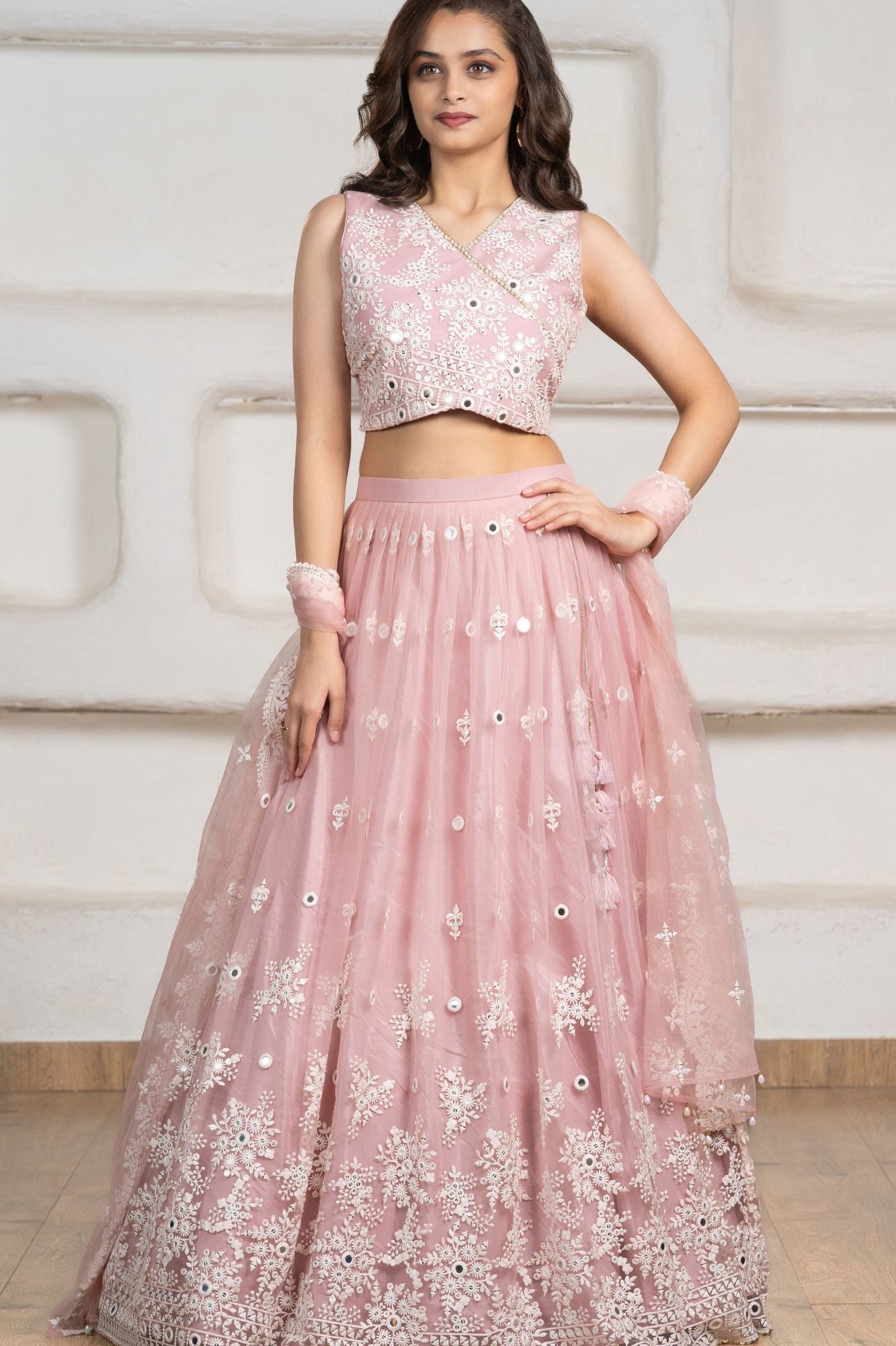 Blush Pink Embroidered Lehenga Choli Set with Dupatta For Girls