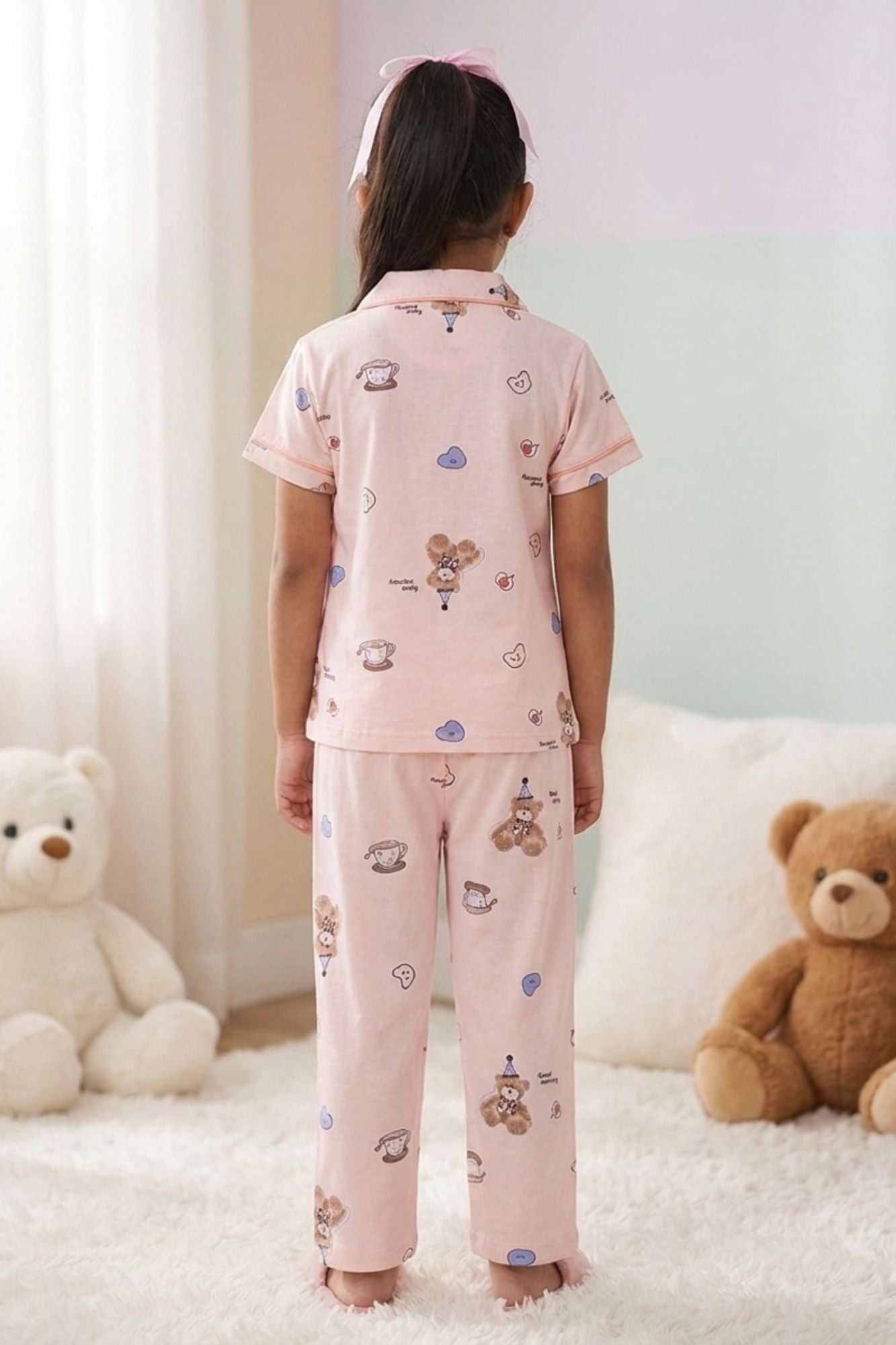 Girls Pink Teddy Print Night Suit Set