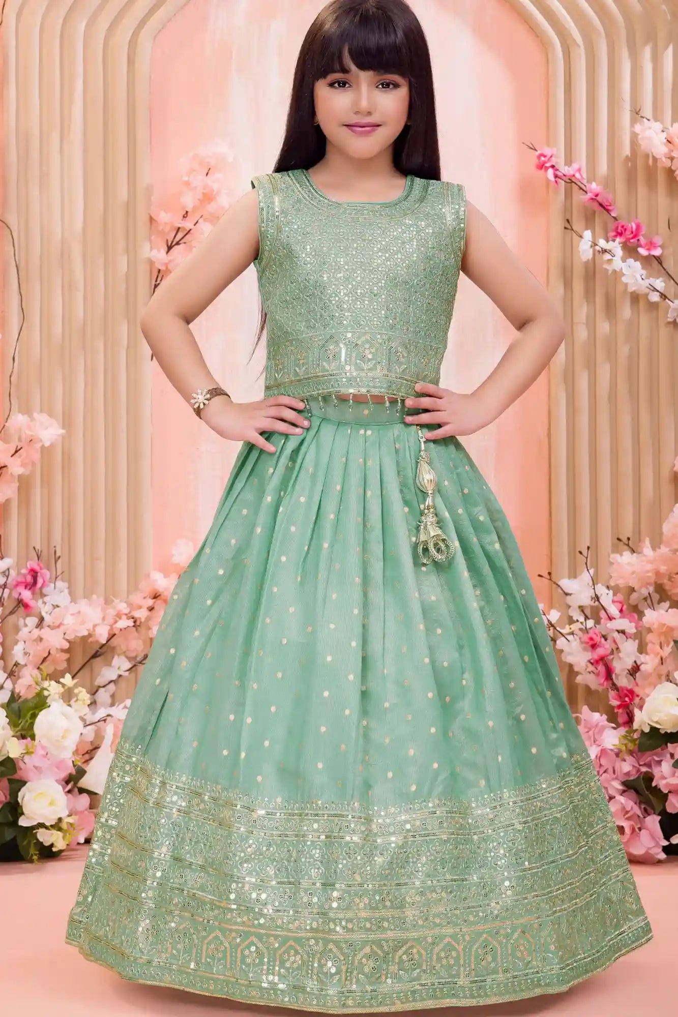 Mint Green Embroidered Lehenga Choli Set for Girls