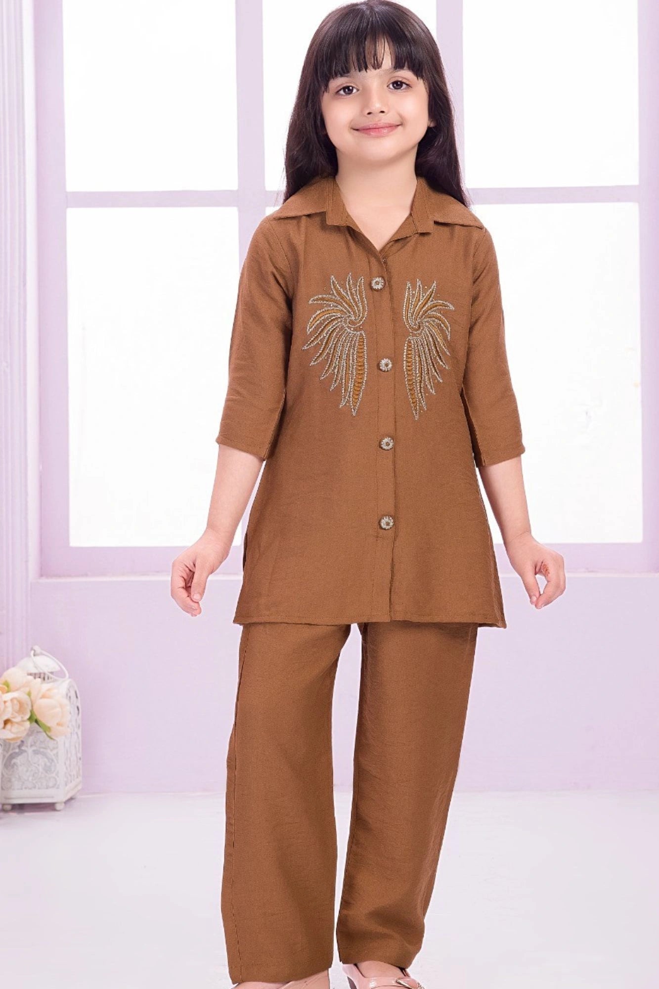 Brown Casual Top With Matching Straight Pant Set For Girls