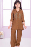 Brown Casual Top With Matching Straight Pant Set For Girls