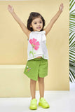 White Floral Top with Green Shorts Co ord Set For Girls