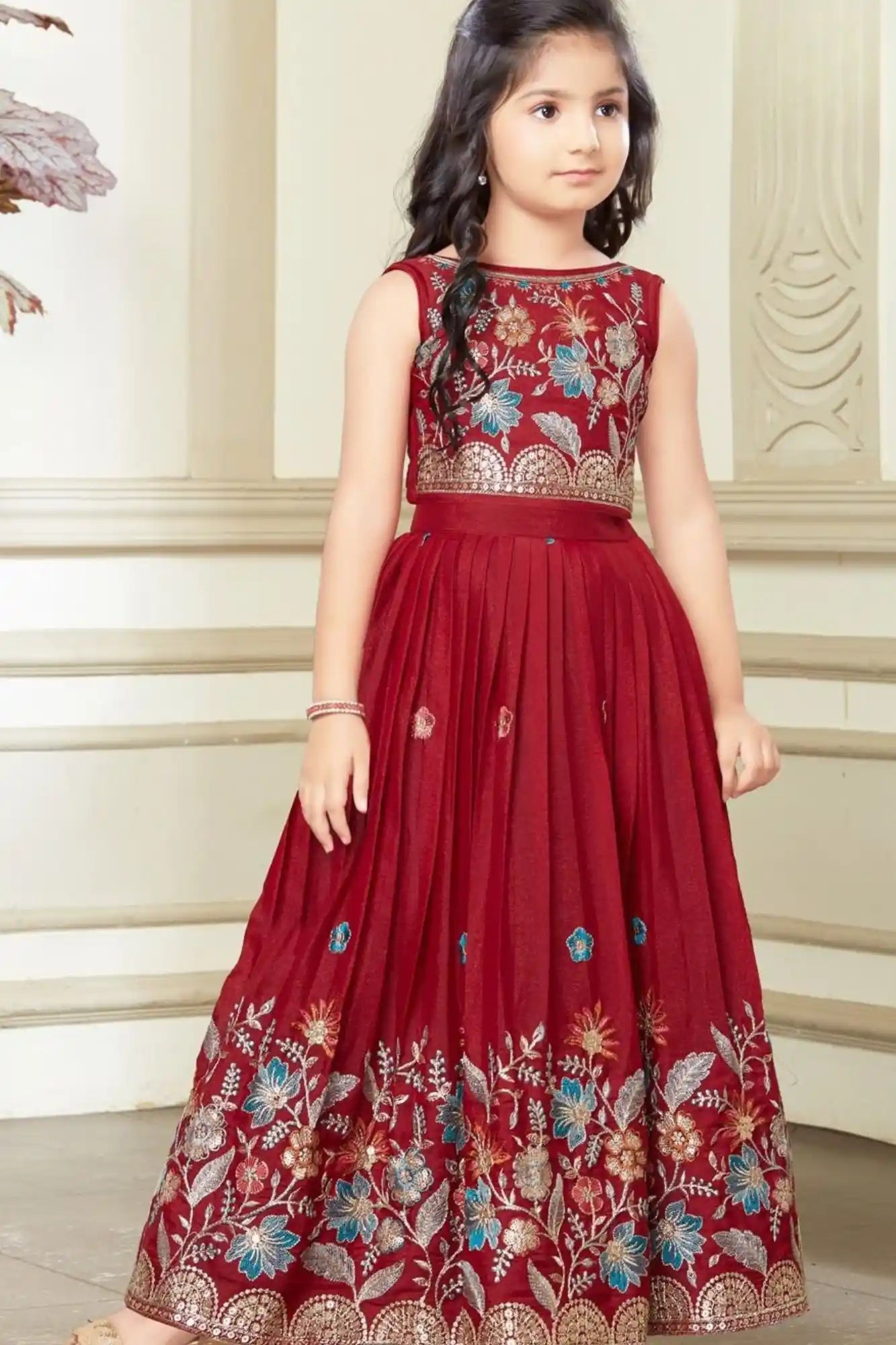Maroon Floral Embroidered Ethnic Lehenga Choli for Girls