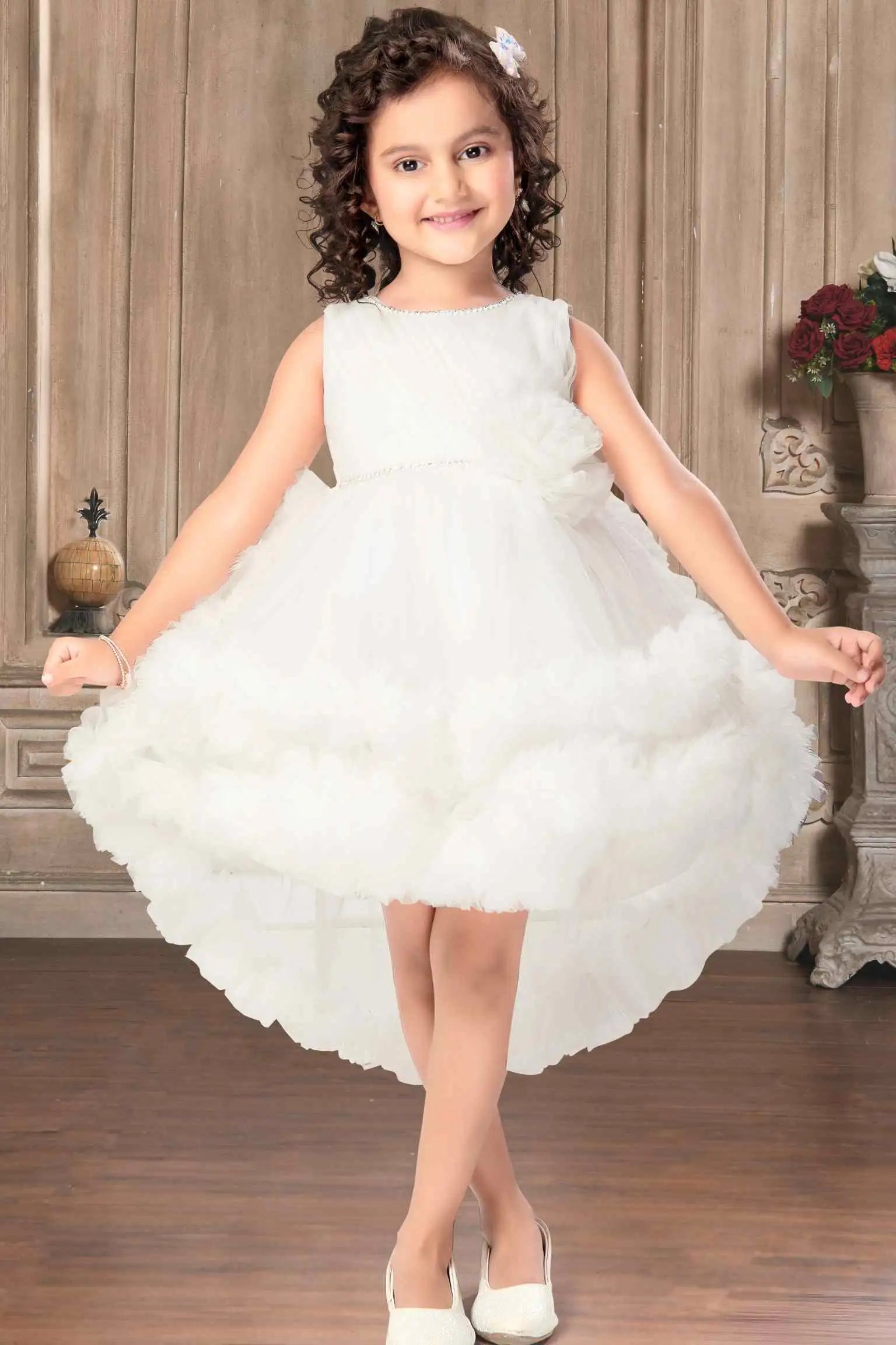 White Net Multilayer With Ruffle Frock For Girls