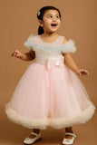 Pink Ruffle Net Gown With Bow Embellishment For Girls