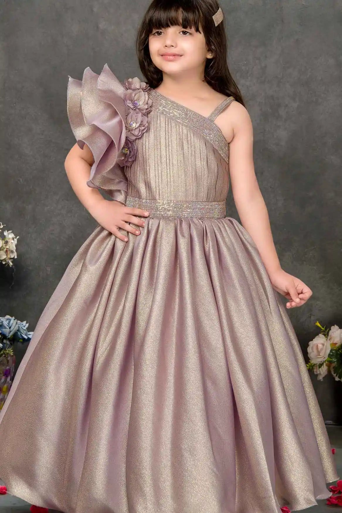 Dusky Pink Floral Embellished Party Gown For Girls