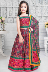 Red And Green Embroidered With Ikkat Printed Lehenga Choli Set For Girls