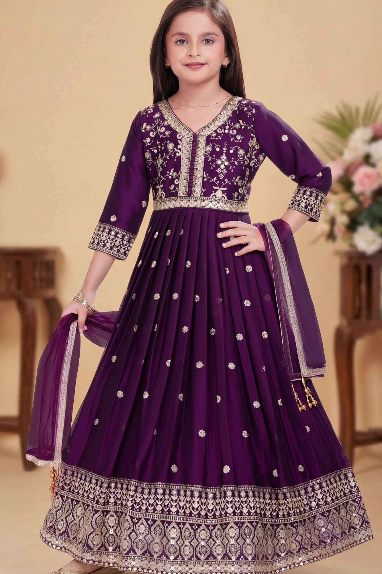 Wine Sequins Work And Zari Embroidered Ethnic Gown For Girls