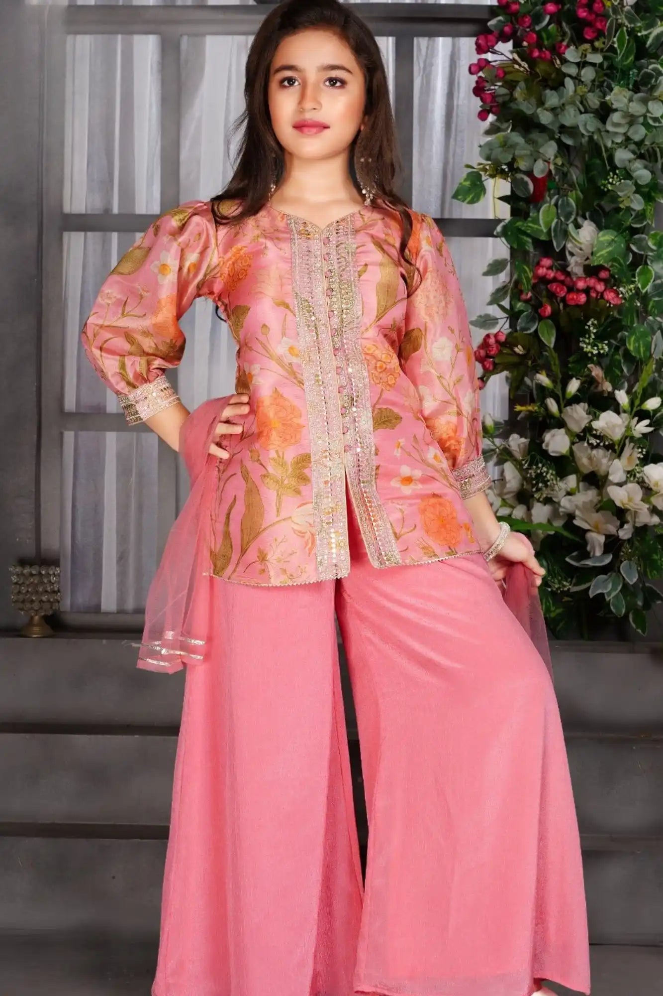 Pink Floral Kurti with Palazzo Pants For Girls