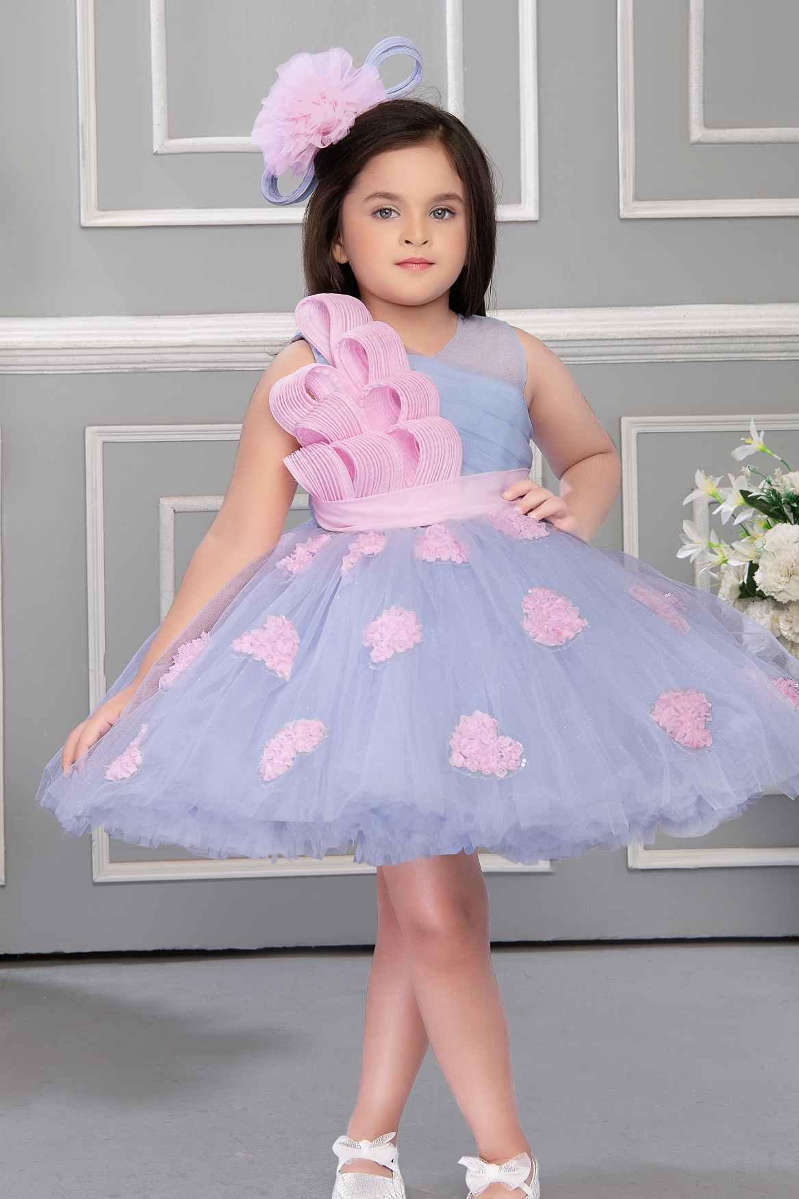 Blue Net Party Wear Frock Embellished With Grey Lace For Girls - Lagorii Kids