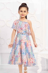 Classic Blue Printed Sleeveless Frock For Girls