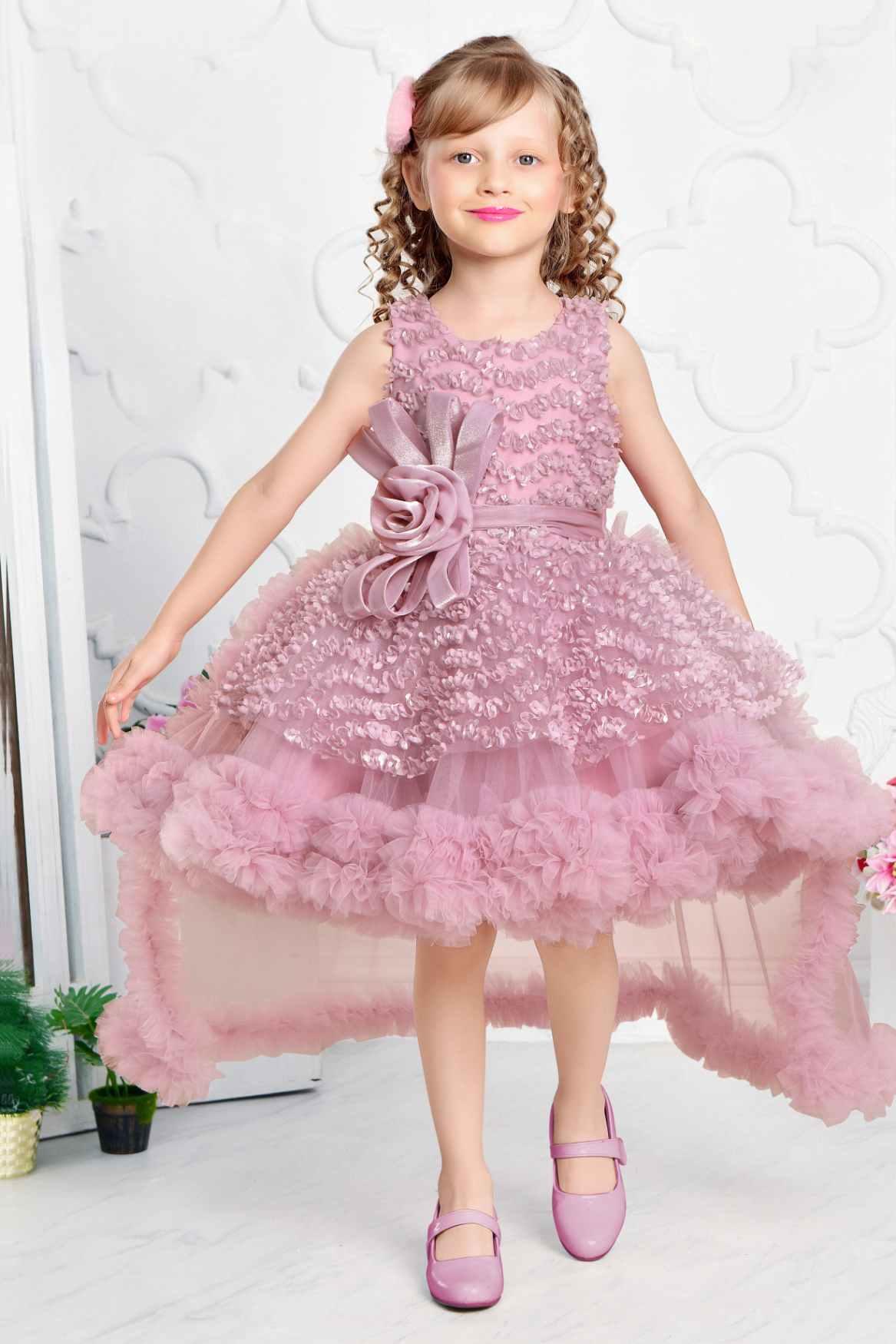 Pink Net Party Wear Tailback Frock Embellished With Floral For Girls - Lagorii Kids