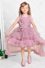 Pink Net Party Wear Tailback Frock Embellished With Floral For Girls - Lagorii Kids