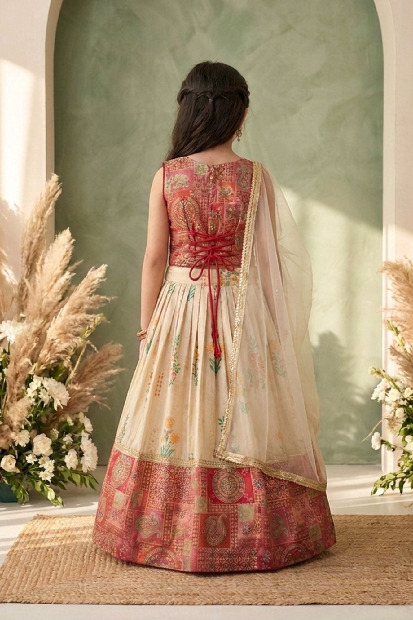 Girls Cream and Red Printed Lehenga Choli Set with Dupatta