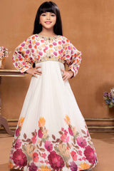 Off White Floral Printed And Sequined Gown For Girls