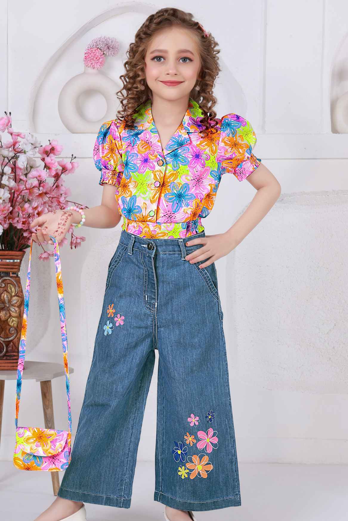 Multicolor Floral Shirt With Blue Embroidered Wide Leg Denim Pants Set For Girls