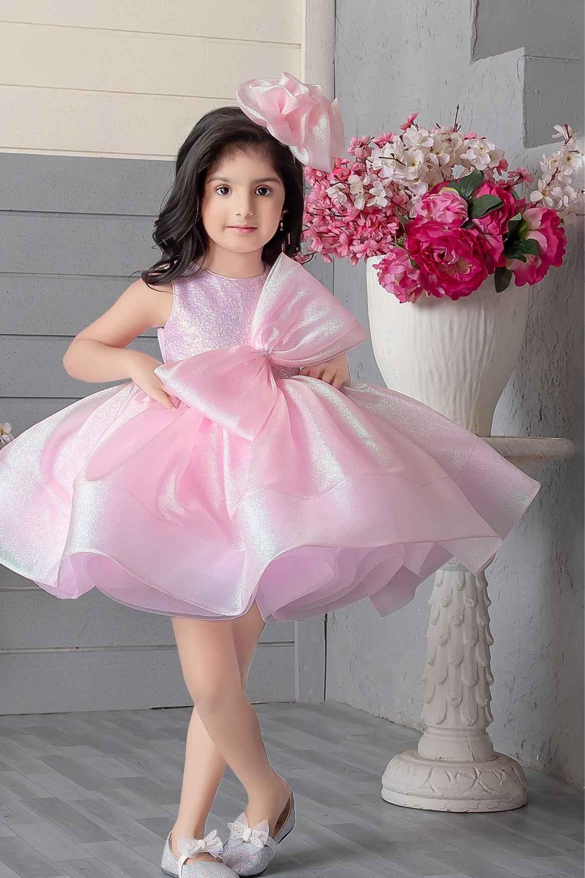 Pink Shimmer Organza Frock With Bow Embellishment For Girls - Lagorii Kids