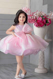 Pink Shimmer Organza Frock With Bow Embellishment For Girls - Lagorii Kids