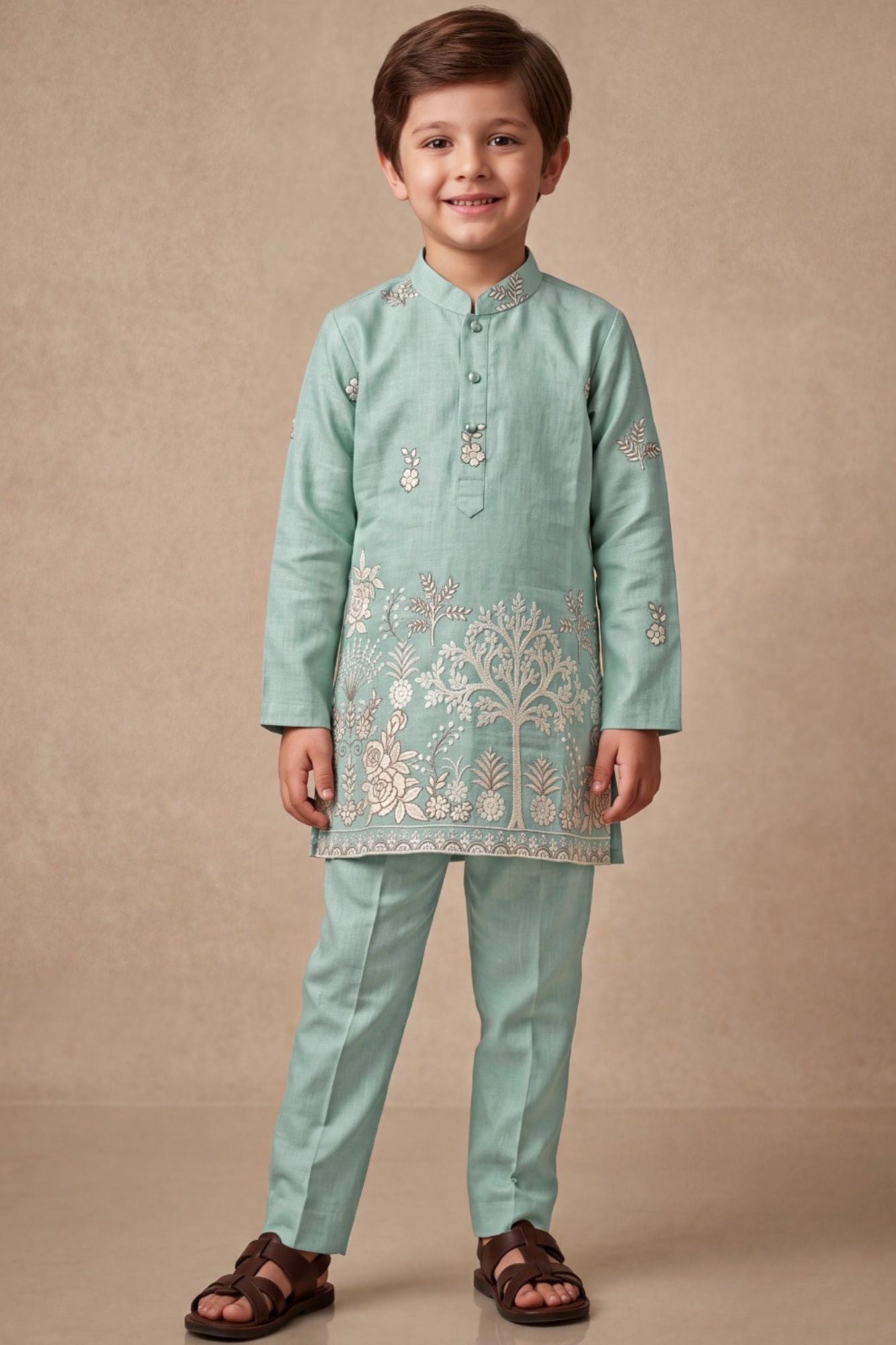 Boys Sage Green Kurta Pajama Set With Floral Thread Embroidery