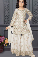 Cream Embroidered And Sequin Top With Palazzo Set For Girls