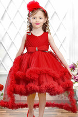 Red Net Party Wear Tailback Frock Embellished With Bow For Girls - Lagorii Kids