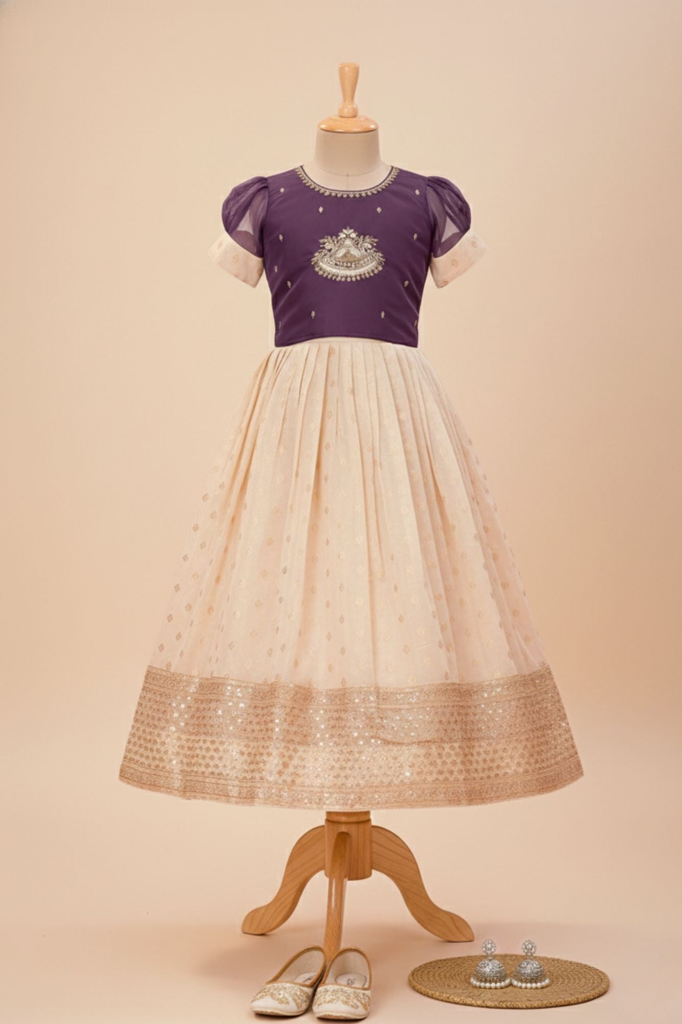 Purple & Cream Zari and Stone Embroidery Pattu Pavadai Set