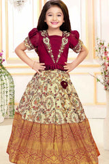 Maroon And Cream Silk Pattu Pavadai With Gold Foil Print For Girls