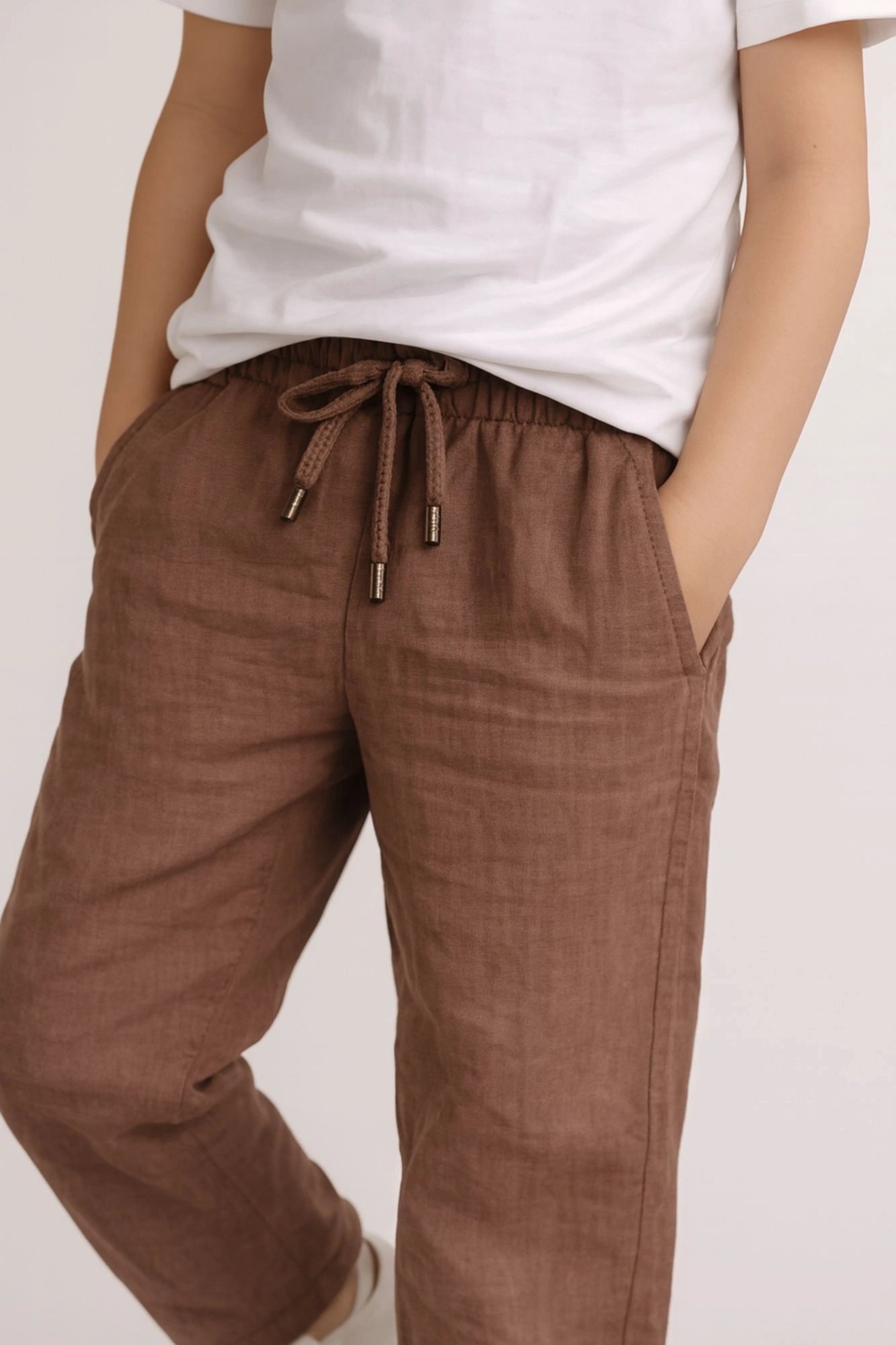 Brown Linen Straight-Fit Pants with Elastic Waist For Boys